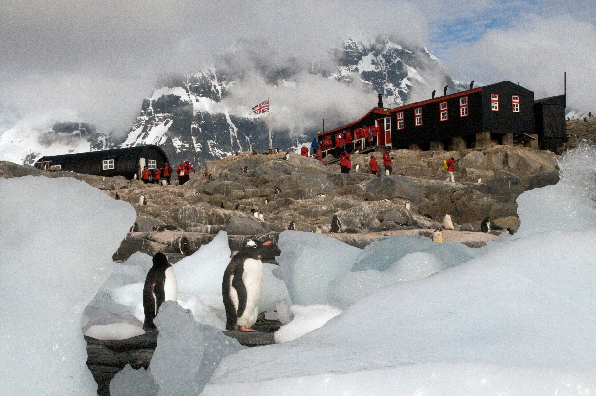 The base with some tourists and penguins